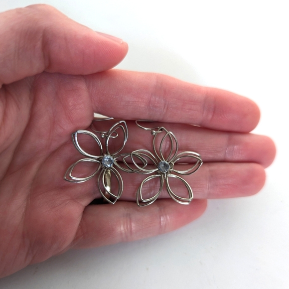 Artisan Wire Wrapped 3D Dimensional Flower Rhinestone Dangle Hook Earrings - Picture 3 of 3